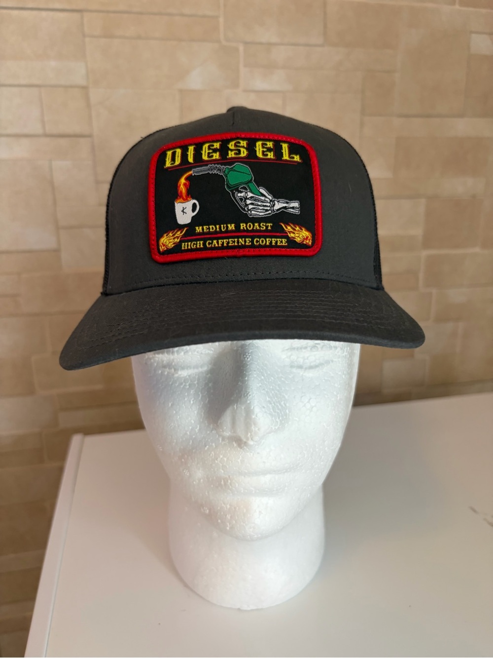Caffeine and Kilos Diesel Gray Trucker Hat with Colorful Coffee Patch